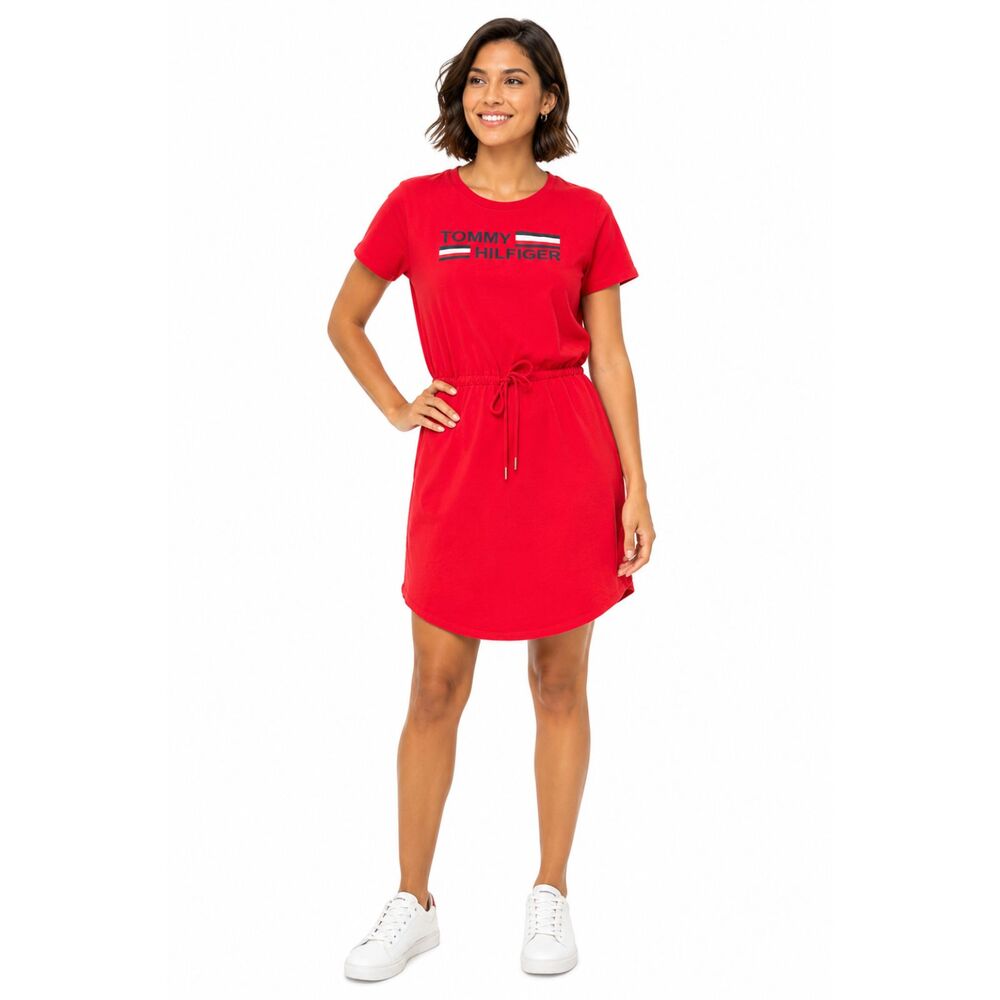 Tommy Hilfiger Script Logo Short Sleeve T-Shirt Drawstring Waist Dress RED Sz M
